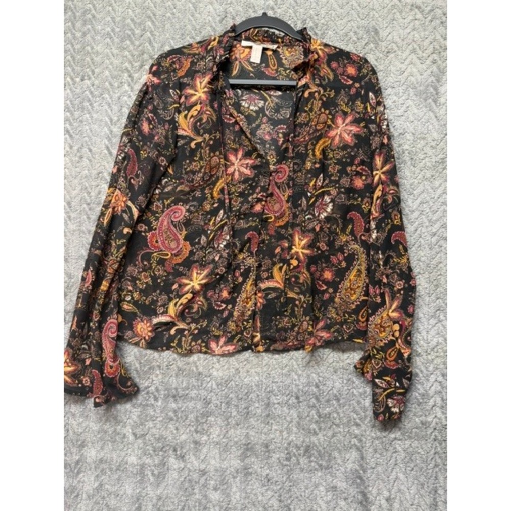 Forever 21 Contemporary Paisley Ruffle Neck Tie Blouse Black Orange Medium 0725